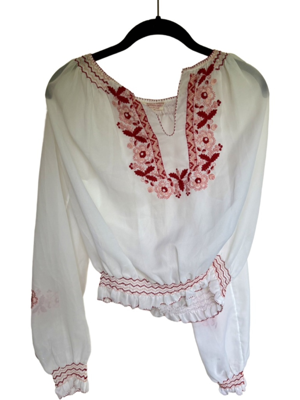 Vintage 70s Sheer White Blouse with Red Floral Embroidery